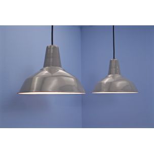 Set of 2 vintage industrial enamel hanging lamps in grey 1960s