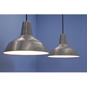 Set of 2 vintage industrial enamel hanging lamps in grey 1960s