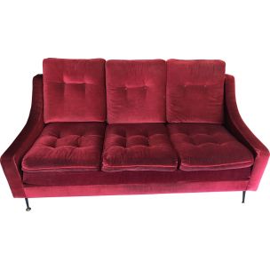 Vintage 3 seater sofa in red velvet from the 50s