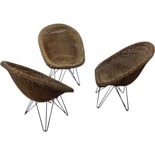 Vintage Basket wicker chair with hairpin metal legs 1950