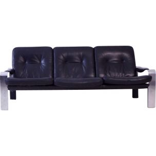 Vintage sofa in black leather with a brushed steel frame 1970s