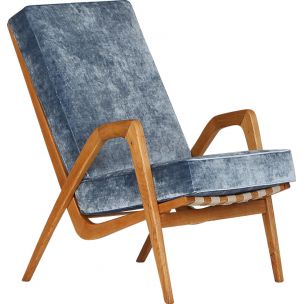 Vintage oak and blue velvet armchair, Czechoslovakia 1950