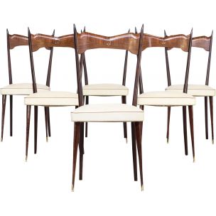 Set of 6 vintage italian chairs in wood brass and white leatherette 1960