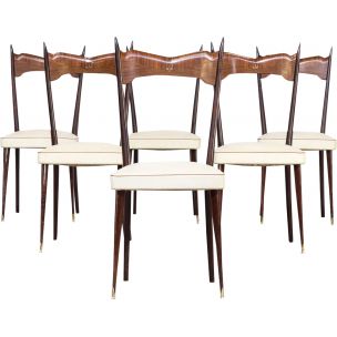 Suite de 6 chaises vintage italiennes en laiton bois et cuir blanc 1960