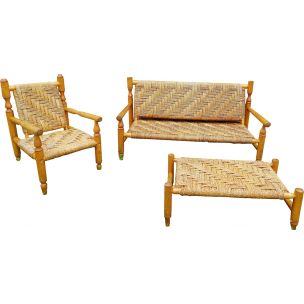 Vintage living room set by Audoux Minet in wood and rope 1950