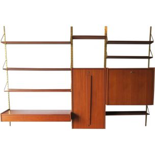 Vintage modular wall shelf system in brass and teakwood 1960