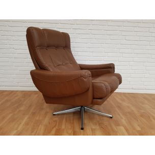 Vintage swivel brown leather armchair 1970s 