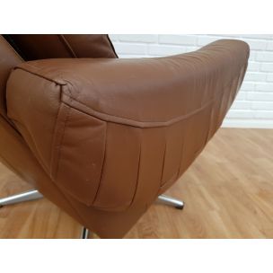 Fauteuil vintage en cuir brun pivotant 1970 