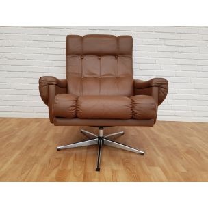 Vintage swivel brown leather armchair 1970s 