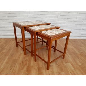 Vintage nesting tables in hand painted ceramic tiles and teak, 1960