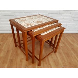Vintage nesting tables in hand painted ceramic tiles and teak, 1960