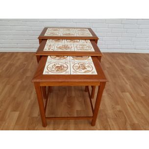 Vintage nesting tables in hand painted ceramic tiles and teak, 1960