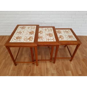 Vintage nesting tables in hand painted ceramic tiles and teak, 1960