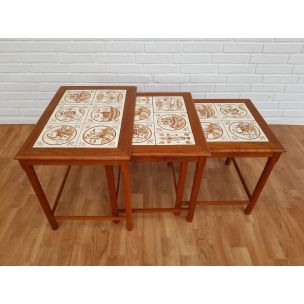 Vintage nesttafels van handgeschilderde keramische tegels en teakhout, 1960