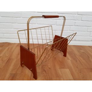 Vintage newspaper holder in teak wood and brass 1960