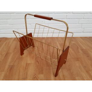 Vintage newspaper holder in teak wood and brass 1960