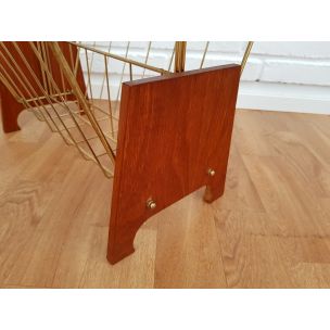 Vintage newspaper holder in teak wood and brass 1960