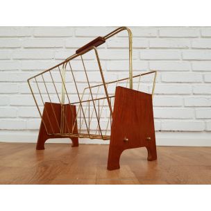 Vintage newspaper holder in teak wood and brass 1960