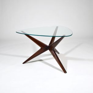 Vintage italian triangular coffee table in mahogany and glass 1950