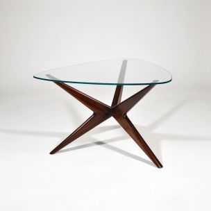 Table basse vintage italienne triangulaire en acajou et verre 1950