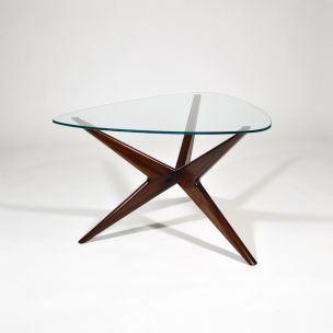 Vintage italian triangular coffee table in mahogany and glass 1950