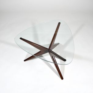 Vintage italian triangular coffee table in mahogany and glass 1950