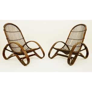 Paire de chaises longues vintage en rotin 1960