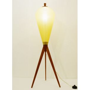Vintage yellow tripod rocket lamp in wood 1950