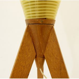 Vintage yellow tripod rocket lamp in wood 1950