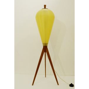 Vintage yellow tripod rocket lamp in wood 1950