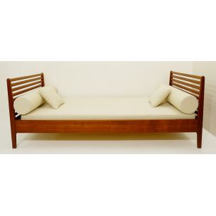 Vintage bed in white fabric and wood 1960