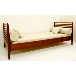 Vintage bed in white fabric and wood 1960