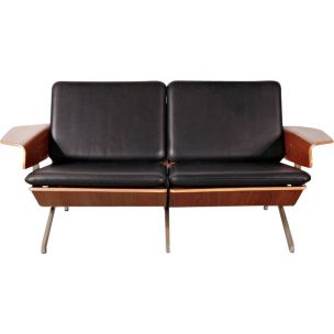 Canapé vintage FM50 pour Pastoe en cuir noir et contreplaqué 1960