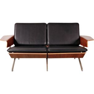 Vintage model FM50 sofa for Pastoe in black leather and plywood 1960