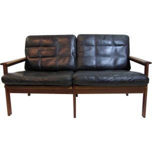 Vintage sofa for Wikkelsö in black leather and teakwood 1960