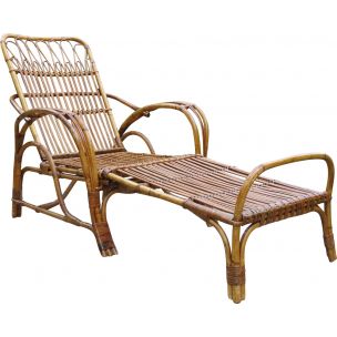 Chaise longue vintage inclinable avec repose-pieds en canne et rotin 1930