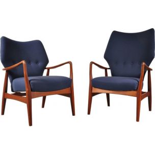 Pair of vintage armchairs for Bovenkamp in blue fabric and oakwood 1950