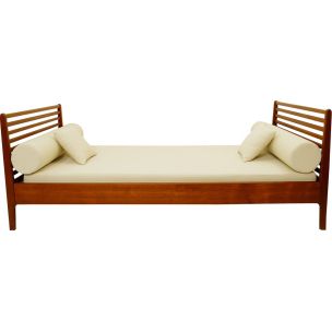 Vintage bed in white fabric and wood 1960