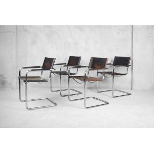 Conjunto de 4 sillones italianos vintage Bauhaus Mg5 de acero tubular y cuero patinado de Matteo Grassi, 1960