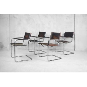 Set of 4 vintage Italian Bauhaus Mg5 tubular steel and leather armchairs by Matteo Grassi, 1960
