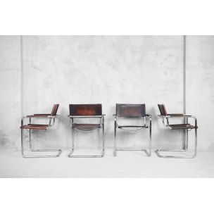 Ensemble de 4 fauteuils vintage Bauhaus Italien Mg5 en acier tubulaire et cuir patiné par Matteo Grassi, 1960