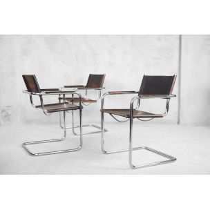 Conjunto de 4 poltronas Bauhaus Mg5 italianas vintage em aço tubular e couro patinado por Matteo Grassi, 1960