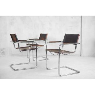 Conjunto de 4 sillones italianos vintage Bauhaus Mg5 de acero tubular y cuero patinado de Matteo Grassi, 1960