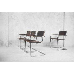 Conjunto de 4 sillones italianos vintage Bauhaus Mg5 de acero tubular y cuero patinado de Matteo Grassi, 1960