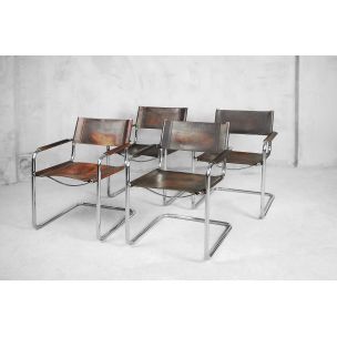 Conjunto de 4 poltronas Bauhaus Mg5 italianas vintage em aço tubular e couro patinado por Matteo Grassi, 1960