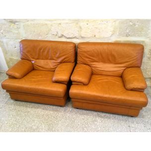 Pair of vintage armchairs leather France 80s