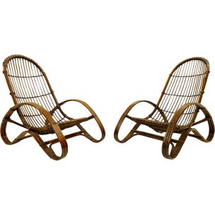 Pair of vintage rattan loungers 1960