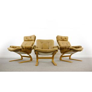 Vintage living room set Kengu brown leather by Solheim for Rykken, Norway