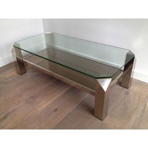 Vintage glass coffee table with chrome base, 1970