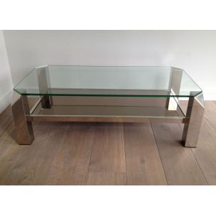 Vintage glass coffee table with chrome base, 1970